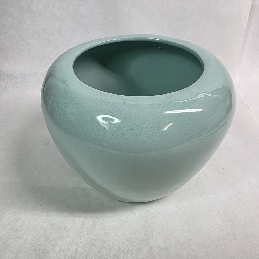 Italian Pottery Planter Vase Aquamarine Glaze Round 5